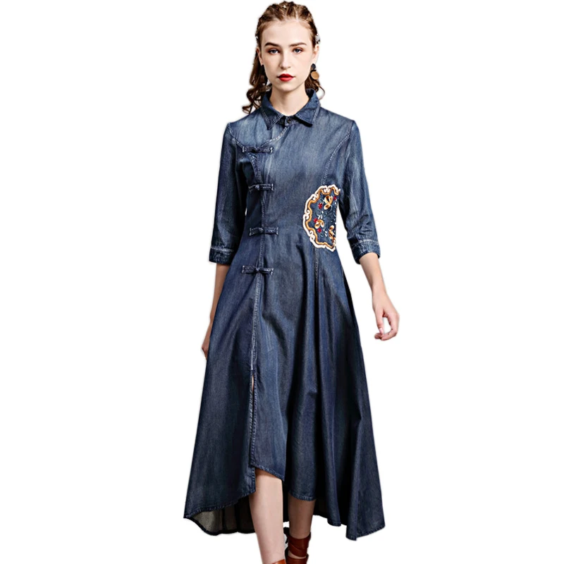 Новая улучшенная cheongsam нерегулярные с пряжкой из джинсовой ткани платье 2021