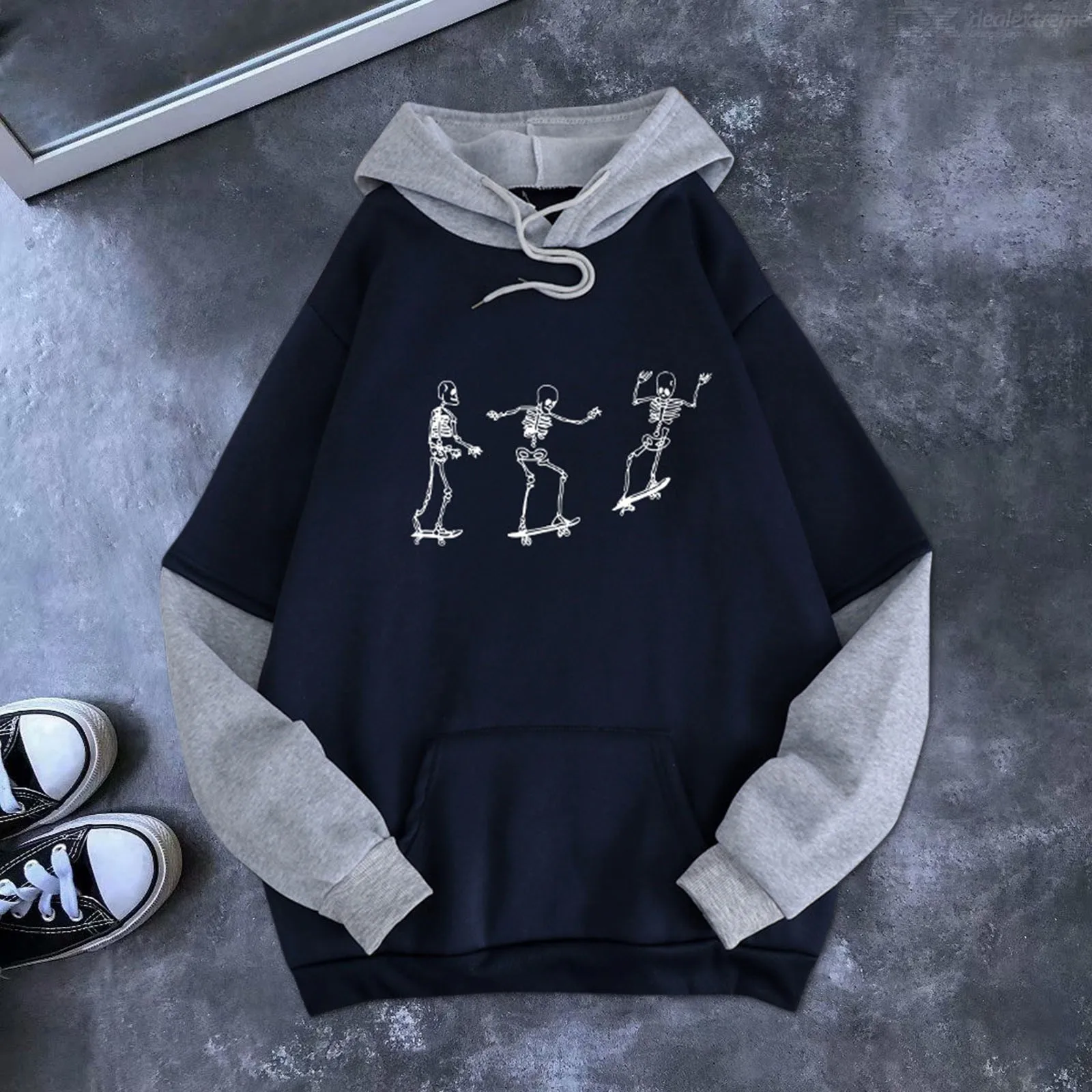 Korean Sweatshirt Women Autumn Hoodie Girl Autumn 90s Harajuku Velvet Stitching Loose Plus Size Pocket Hooded Sweatshirt