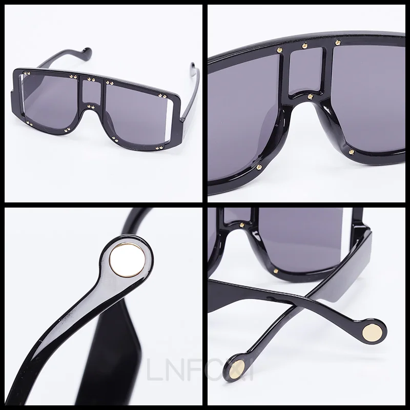 

LNFCXI New Fashion Brand Candy Color Shield Sunglasses For Women Vintage Full Rivet Hollow One Piece Sun Glasses Men Hop Shade