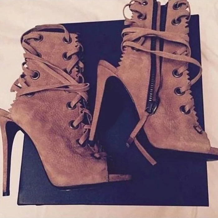

Brown Leather Women Over The Knee Boots Peep Toe Lace-up Tight High Boots Cut-out 2019 Banquet High Heels Dress Shoes Plus Size