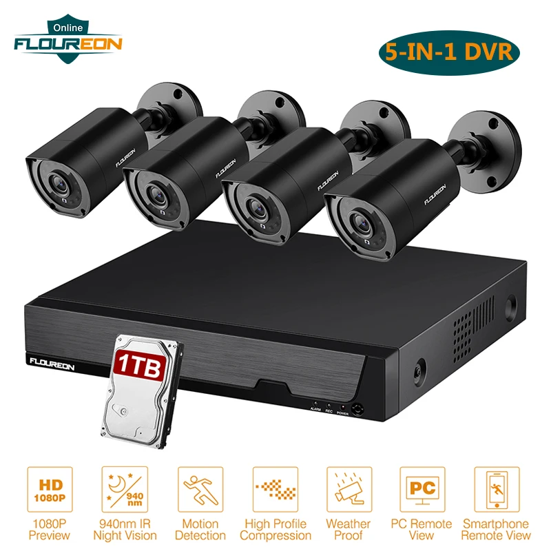 FLOUREON 8CH 1080N DVR CCTV комплект 4 шт 1080P 2.0MP всепогодные камеры видеонаблюдения системы