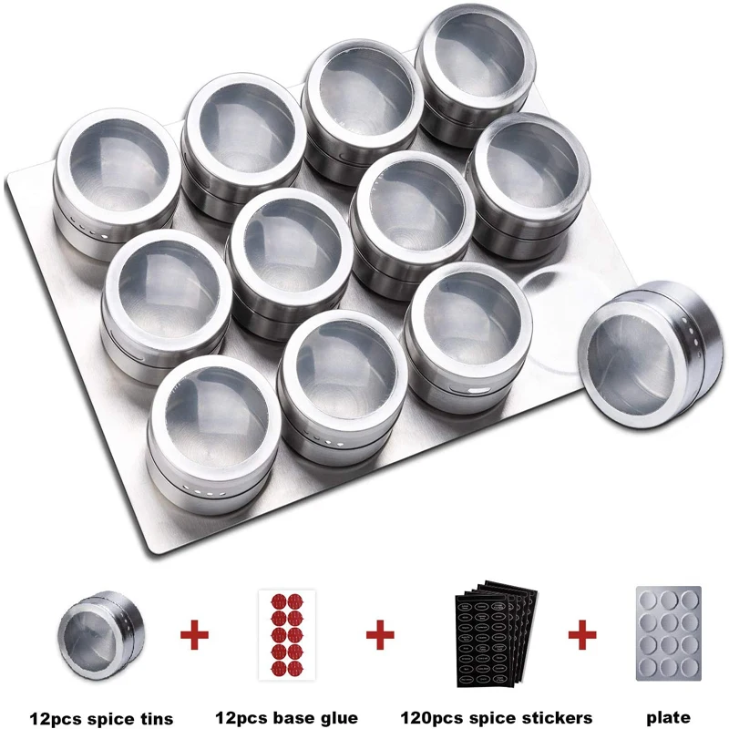 

Magnetic spice jars With Pedestal Food Grade Stainless steel Container Set With Labels Stickers Seasoning Bottle Pepper Storage