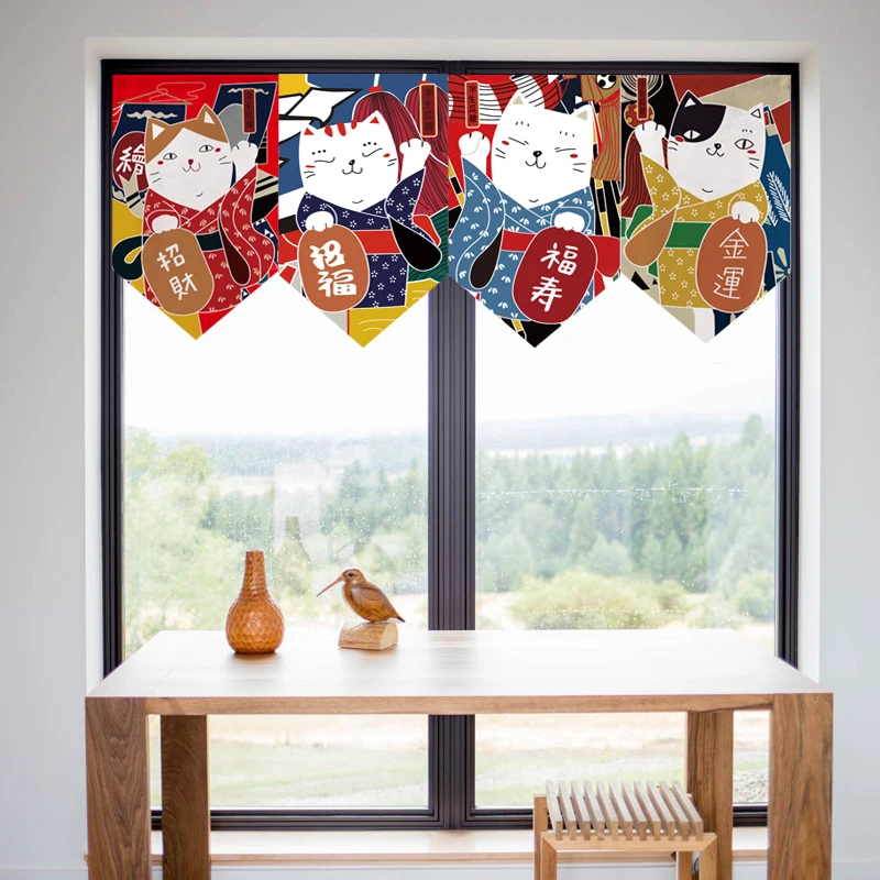 

Japanese lucky cat cartoon kitchen door curtain hanging curtain triangle curtain half curtain decorative partition curtain