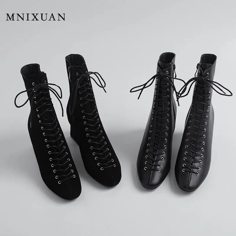 MNIXUAN/Женская обувь; Новинка года; сезон весна-осень; ботильоны на высоком квадратном каблуке; женские ботинки; обувь из натуральной кожи на блочном каблуке; ботинки в стиле панк