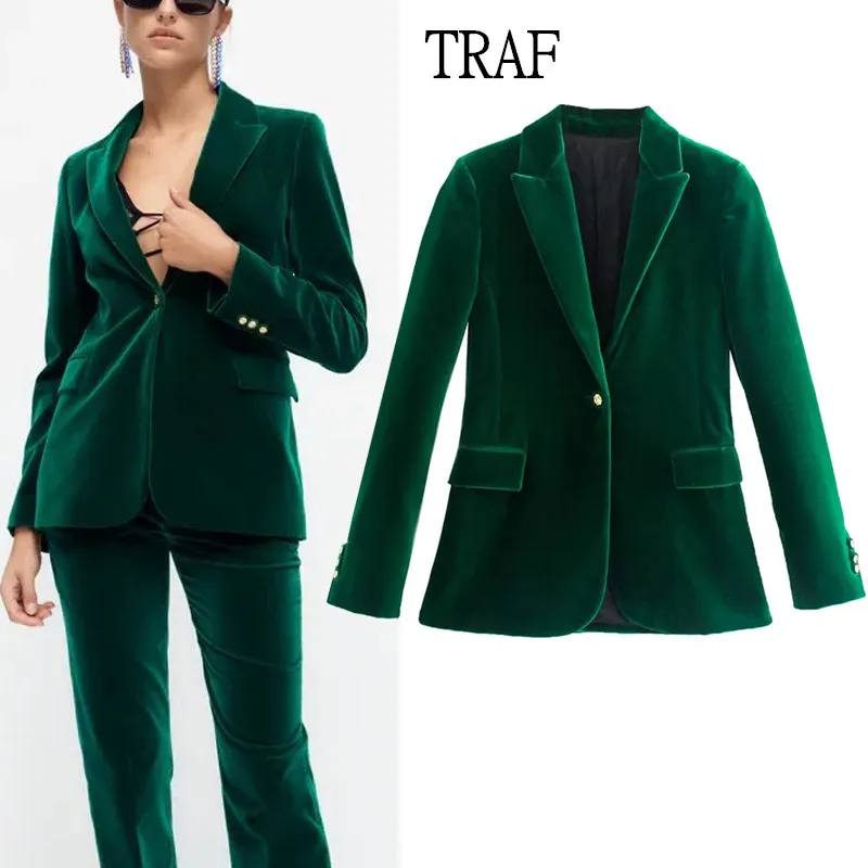 

TRAF Velvet Women Blazer 2021 Elegant Long Sleeves Buttoned Green Blazers Coat Vintage Long Sleeve Pockets Female Outerwear