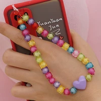 phone charms heart chains colorful acrylic beaded wrist straps string 2021 new mobile phone chain lanyard for women