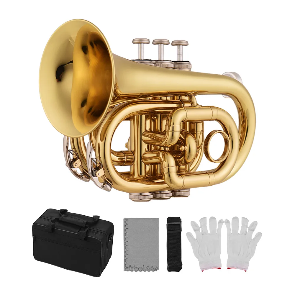 Muslady Mini Pocket Trumpet Bb Flat Brass Material Wind Instrument with Mouthpiece Gloves Cleaning Cloth Carrying Case | Спорт и