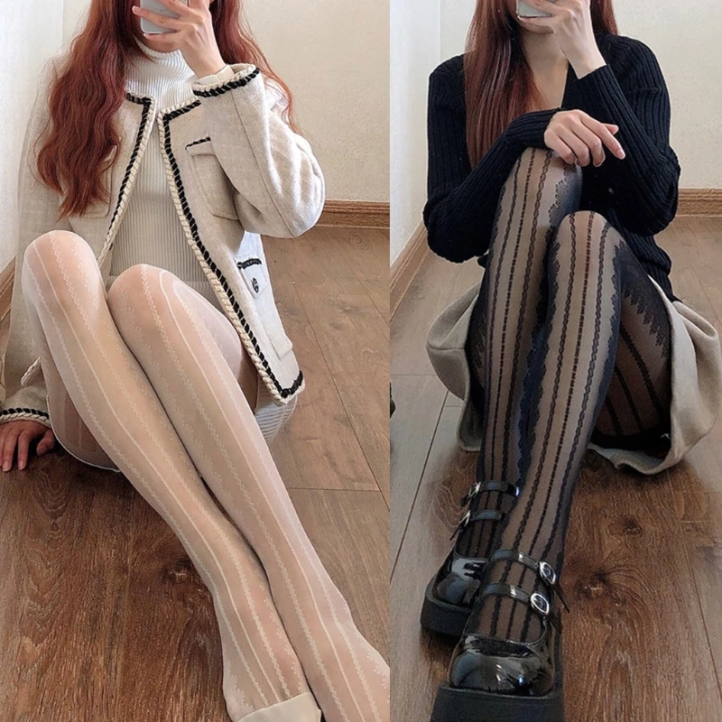 Женские прозрачные колготки в стиле &quotЛолита&quot кружевные полоску с цветочным