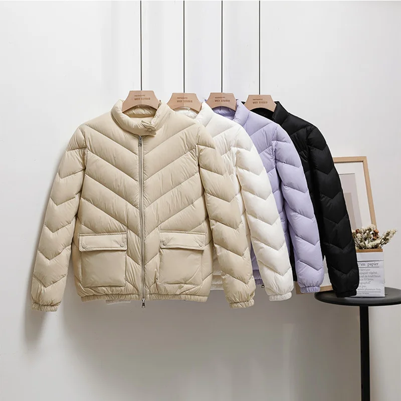 Stand Collar Fashion Winter 2021 New Solid Color Casual  Big Pocket Lightweight Down Jacket Women Fashion All Match Short Coat