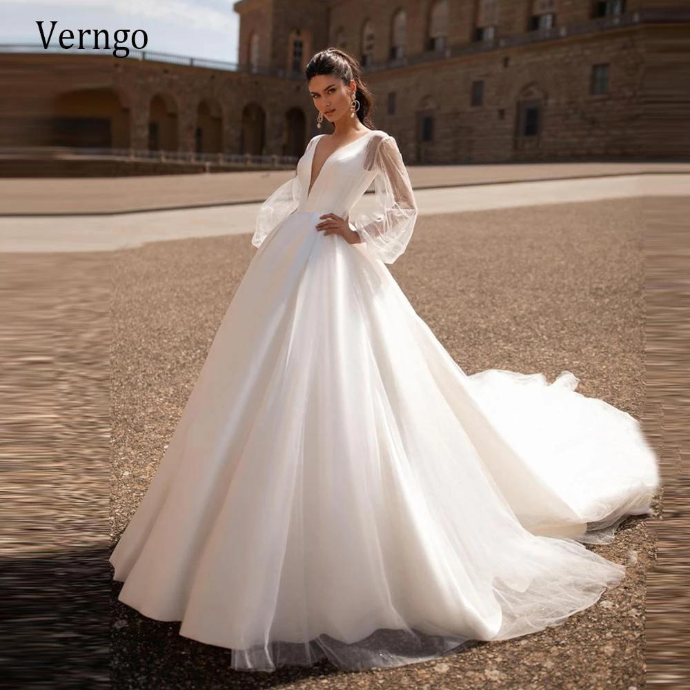 

Verngo 2021 New Arrival A Line Satin Wedding Dresses With Removable Puff Long Sleeves Tulle O Neck Buttons Modest Bridal Gowns
