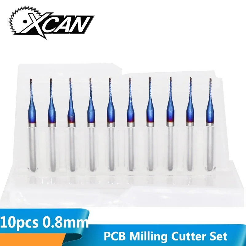 XCAN 10 шт. 0,8 мм Карбид с голубым покрытием кукурузы фрезы PCB фрезы для дерева/металла фрезерование гравировка Концевая фреза