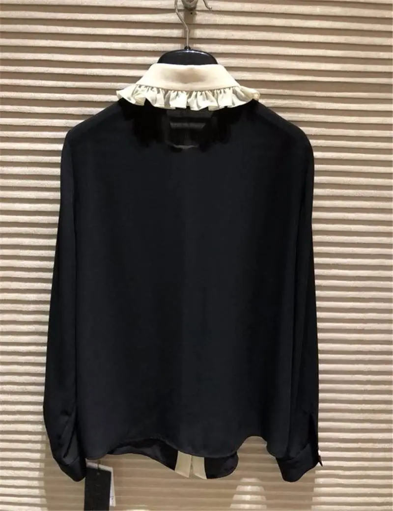 Spring Classic Bowtie Office Lady Chiffon Shirts Black Girl Ladies Long Sleeve Peter Pan Collar Blouse | Женская одежда