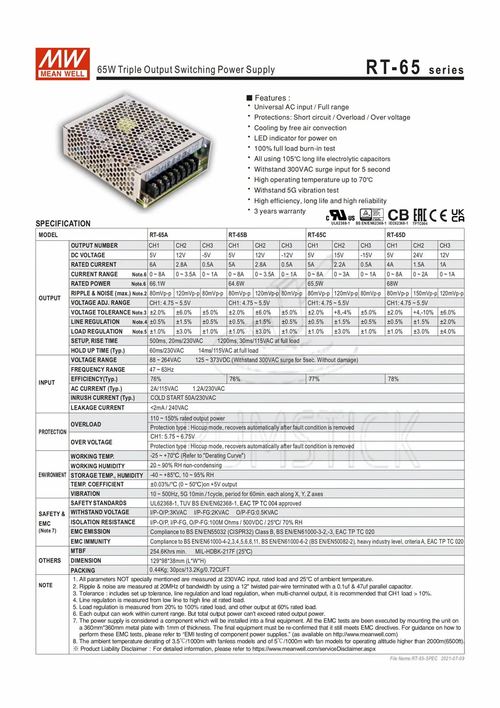 MEAN WELL RT-65C meanwell RT-65 65 5 Вт тройной выход импульсный источник питания | Обустройство