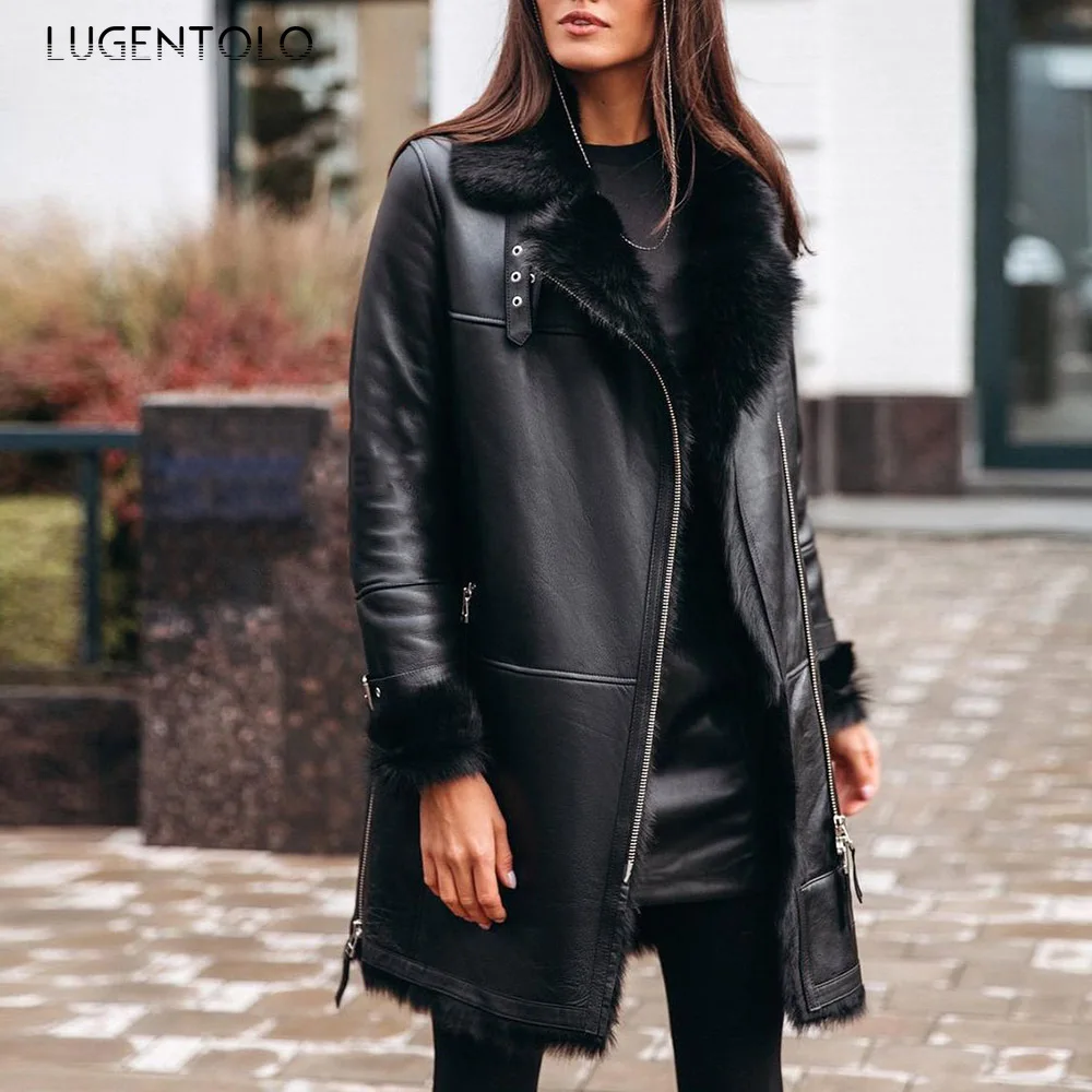 

Lugentolo Autumn Faux Leather Women Lapel PU Zipper Winter Black Slim Coats Lady Casual Long Sleeve Street Fashion Faux Leather