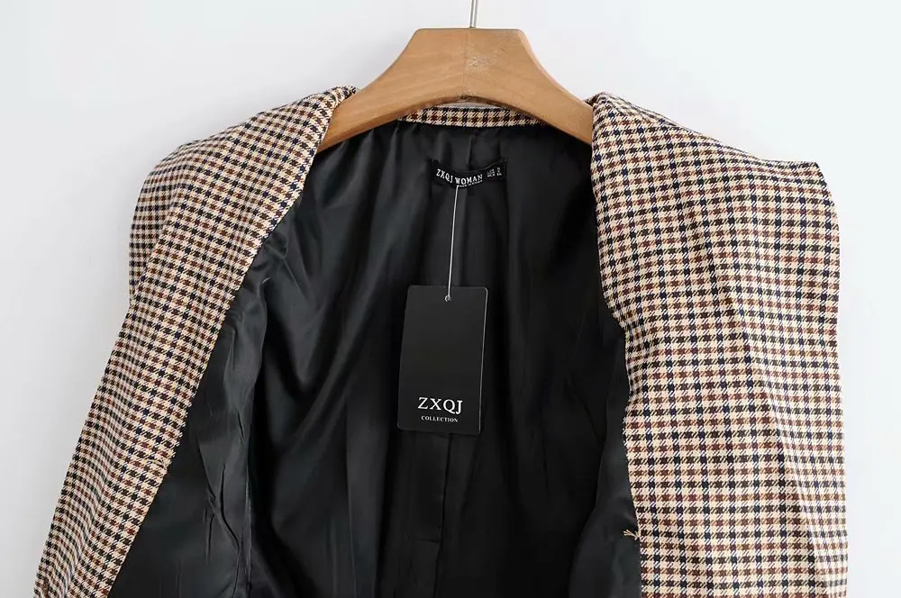 

Vintage 2019 Autumn Winter Women Blazer Double Single Breasted Suit Collar Plaid Blazer Outerwear Casual Long Sleeve Female Coat