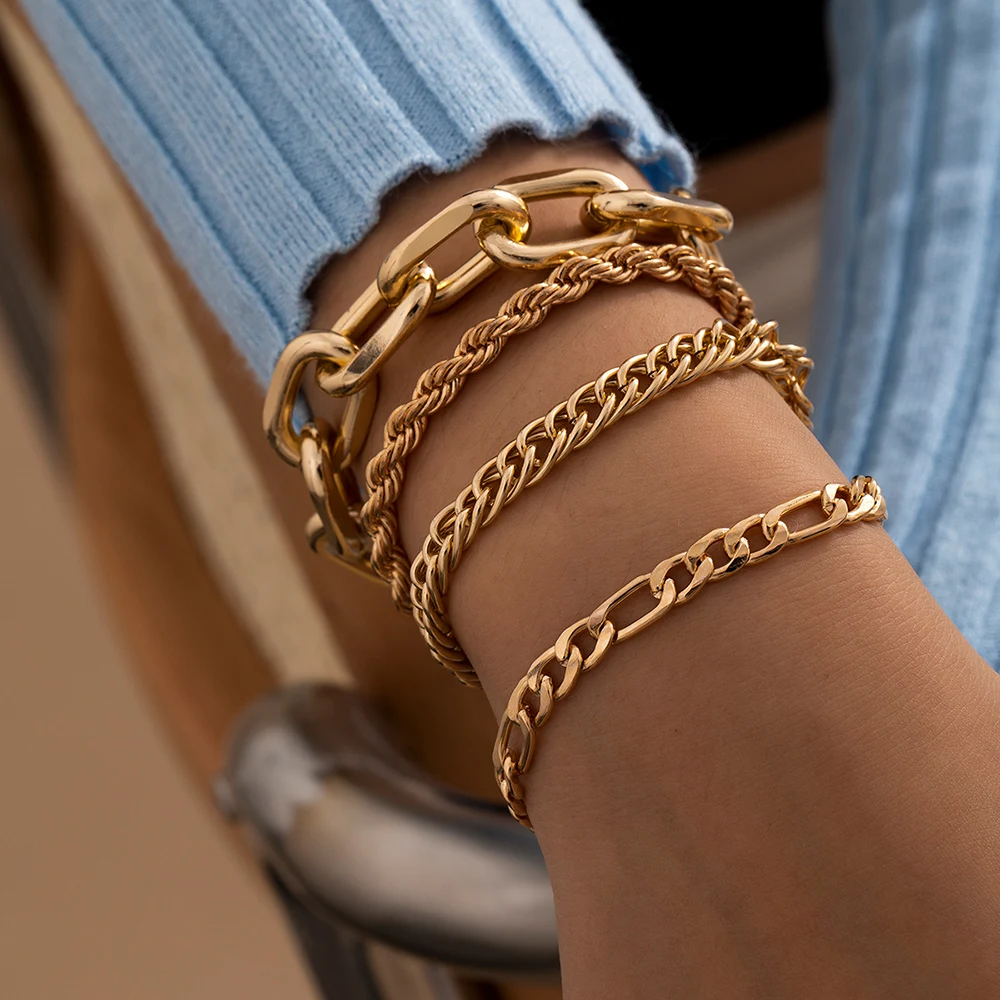 

IngeSight.Z 4Pcs/Set Chunky Thick Bracelets Bangles Multi Layered Twisted Metal Rope Chain Bracelets for Women Wrist Jewelry