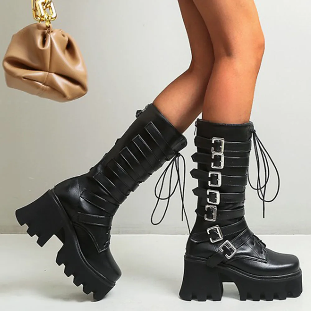 

Punk Style Boots Spring Autumn Fashion Hipster Designer Creative Waterproof Platform Thick Bottom Lace Metal Button Martin Boots