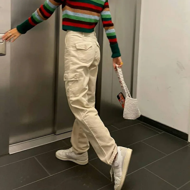 Khaki Jeans Women Cotton High Waist Solid Straight Denim Trousers Y2K Casual Fashion Pocket Long Flared Khaki Pants Women Femme