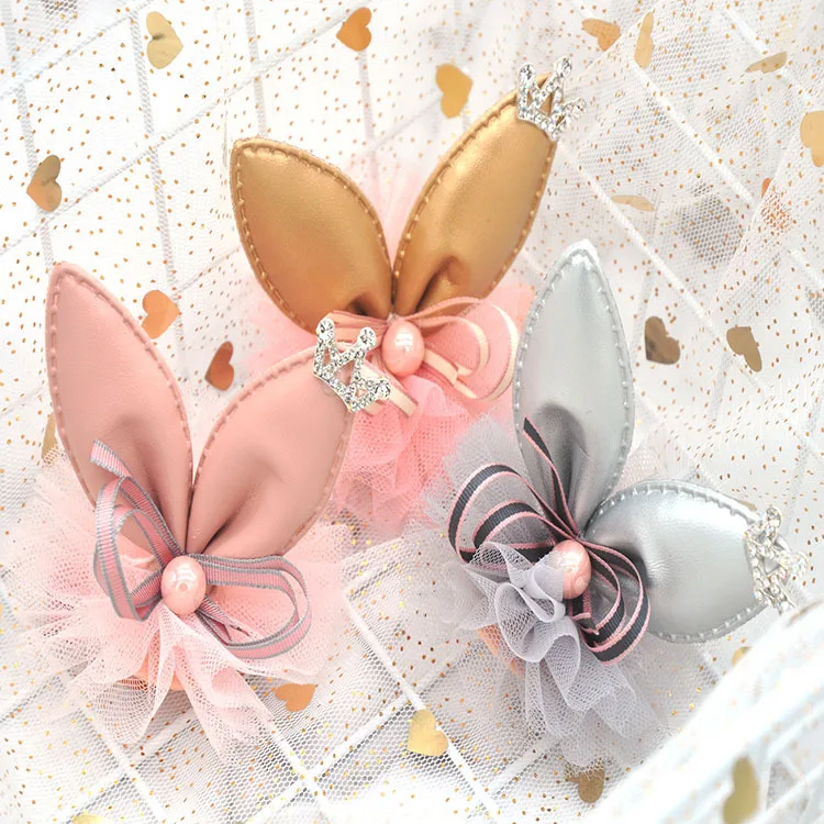 

New style round gauze bow tie with rabbit ears children's hair accessories with fringe clip side clip