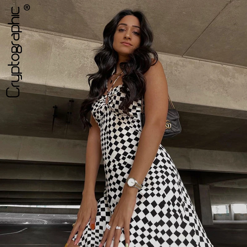 

Cryptographic Fashion Plaid Print Halter Cut Out Mini Dress Elegant Sleeveless Backless Club Outfits for Women's Dresses Clothes