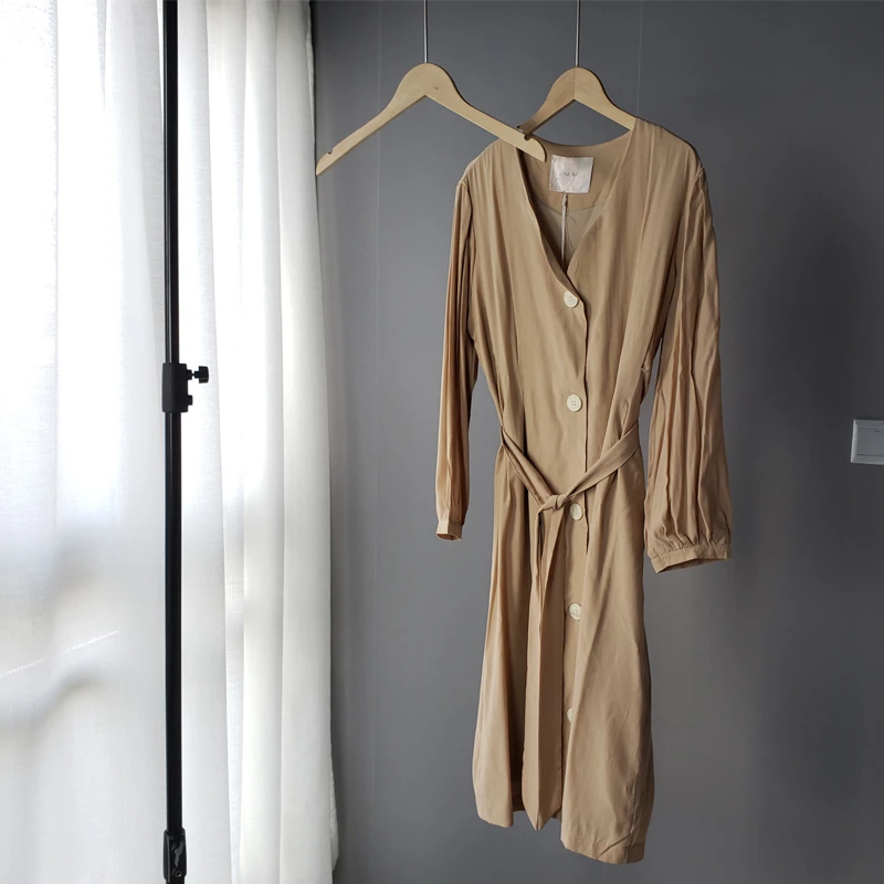 

2021 Summer Midi Dress for Women Korean Long Sleeve Button Shirt Dress Lace-up Waist elegant vestidos