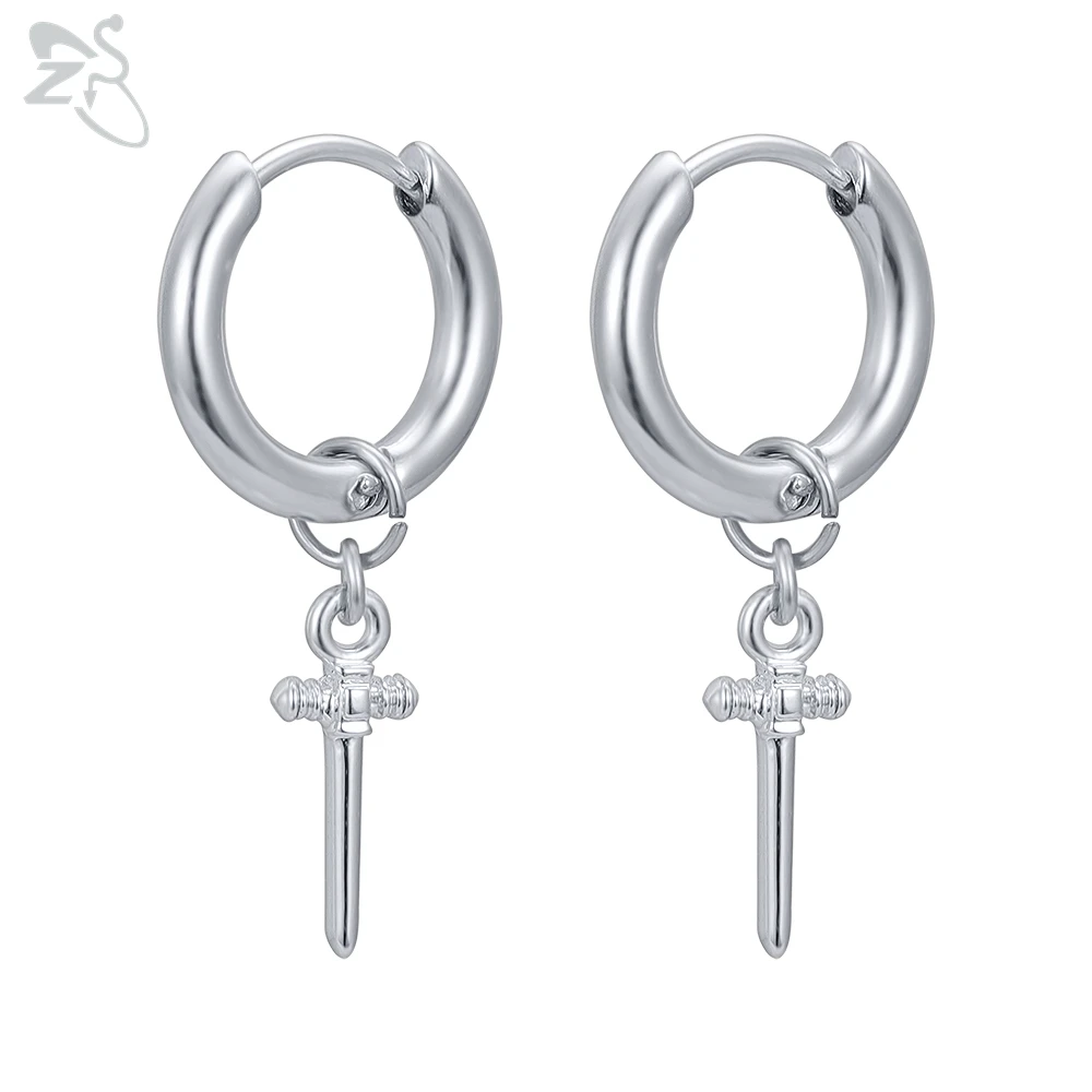 

ZS Korean Trendy Round Earrings For Women Men Kpop Sword Pendant Hoop Earrings Stainless Steel Vintage Earring Statement Jewelry