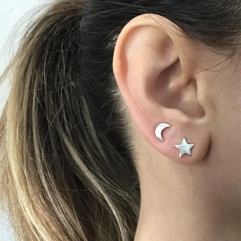 Dainty Asymmetrical Crescent Moon And Star Stud Earrings Women Celestial Mismatched Mini Studs Boho Minimalist Mothers Day Gift | Украшения