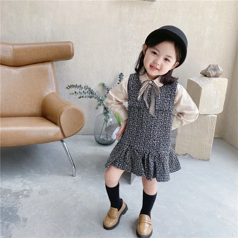 Зимняя новая детская одежда для девочек шерстяная жилетка юбка клетчатое