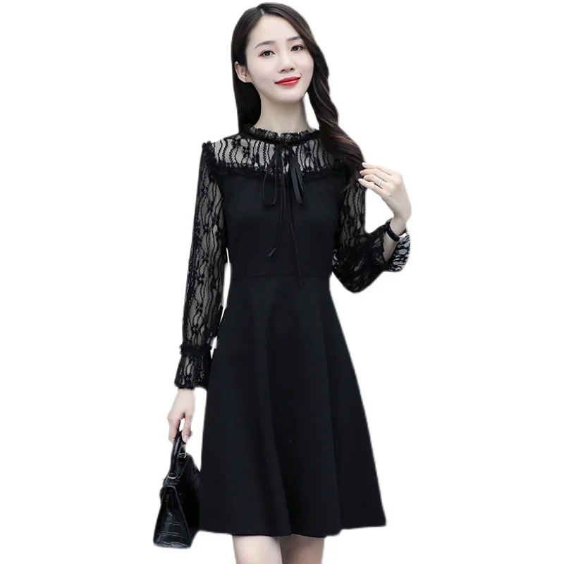 

COIGARSAM 4XL Plus Size Patchwork Women dress New Spring Full Sleeve Lace Solid O-Neck High Waist Dresses Black 9377
