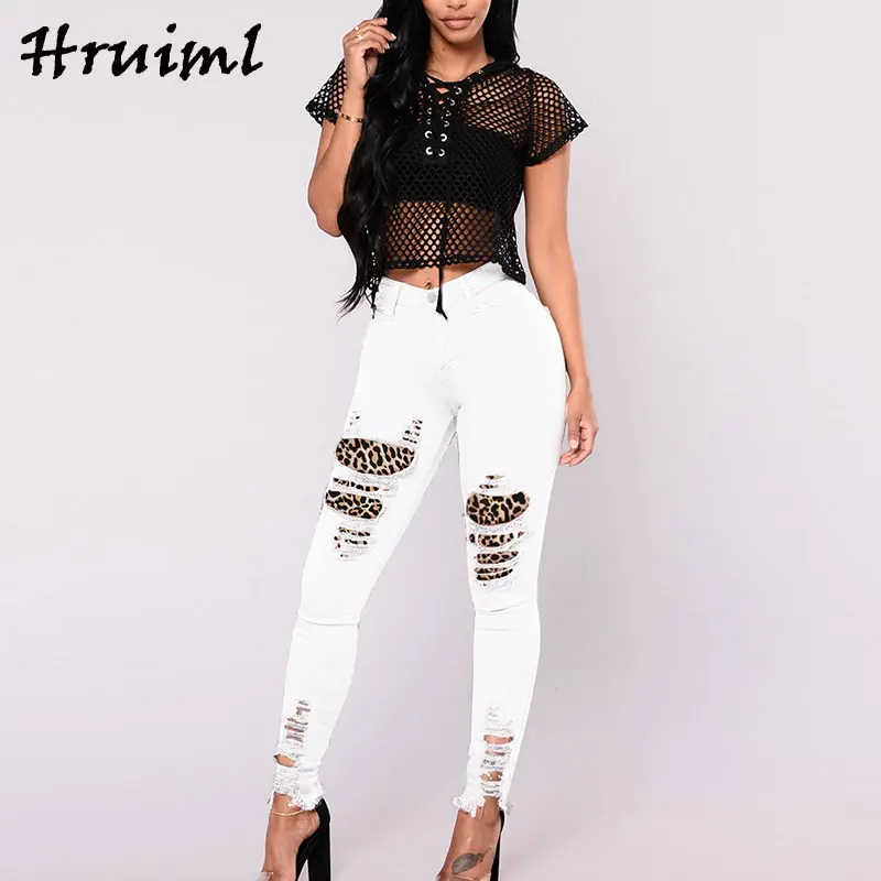 

Fall 2020 Women Leopard Printing Stitching Denim Slim Fit Trousers Skinny Hole Fashion New Arrival Button Pantalones De Mujer