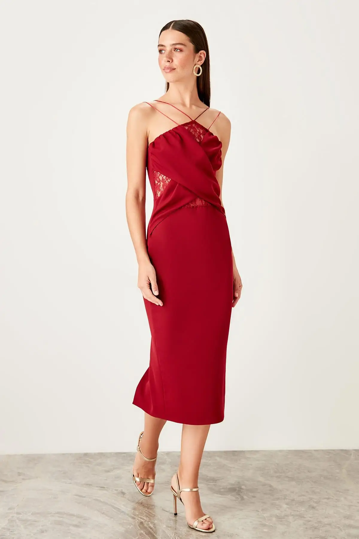 Trendyol бордовые кружевные детали TPRSS19DU0211|Женские платья| |