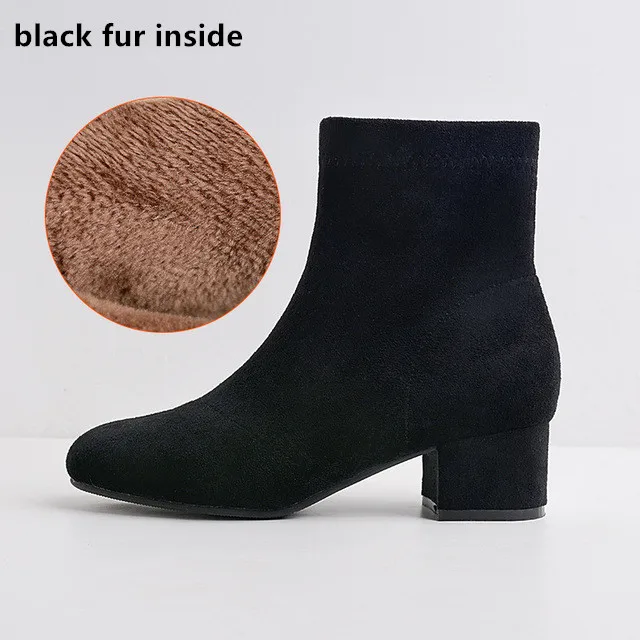 black fur Женские ботинки; коллекция года; Зимние ботильоны из искусственной замши и флока с коротким плюшем на квадратном каблуке; однотонные женские Ботинки martin на молнии с квадратным носком - Цвет: black fur
