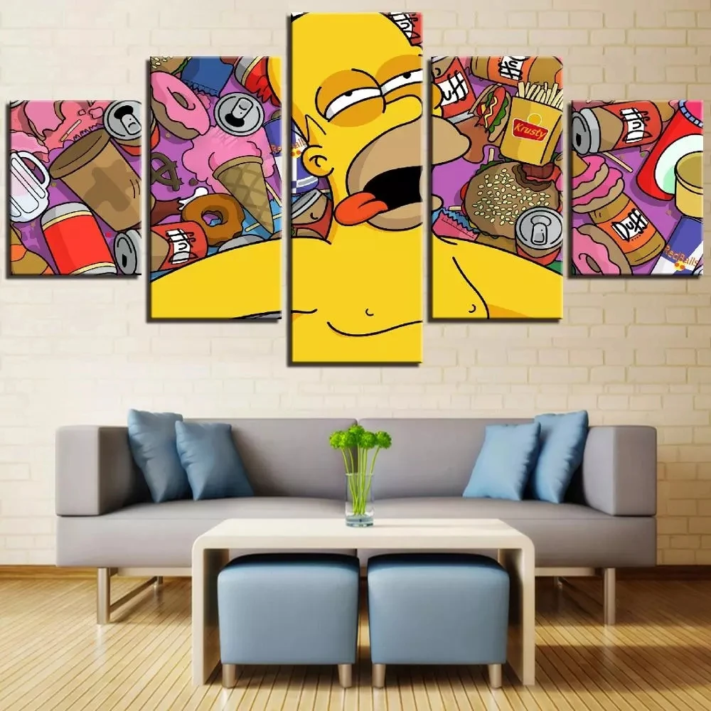 

No Framed Canvas 5Pcs Simpson With Fast Food Anime Wall Art Posters Pictures Home Decor Paintings For Living Room Decorations