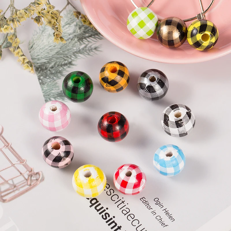 20 шт. деревянные разноцветные бусины в клетку и полоску