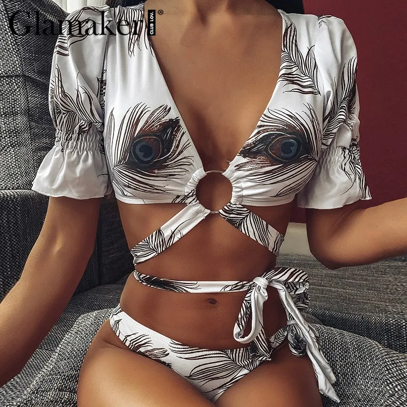 Женский Открытый купальник Glamaker желтый с коротким рукавом бикини высокой талией