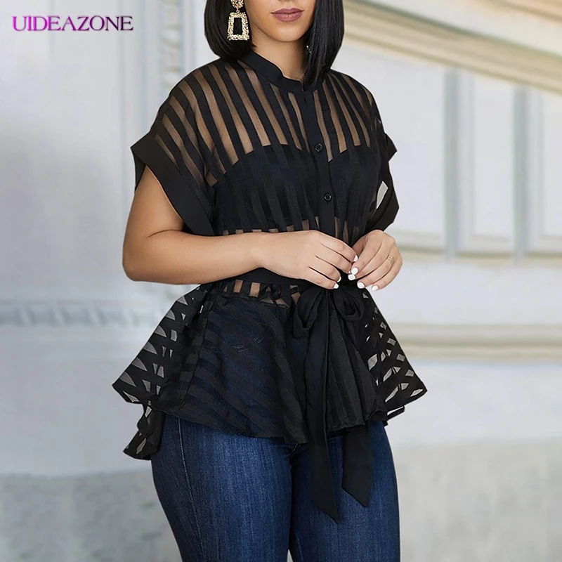 Сетчатая женская блузка пэчворк с поясом пуговицами весенне летняя одежда