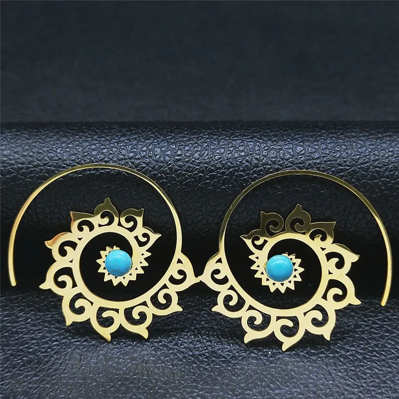 

2023 Boho Stone Stainless Steel India Flower Hoop Earing for Women Gold Color Round Earings Jewelry pendientes de aro E9205S04