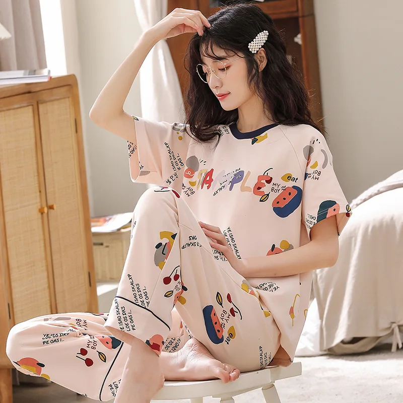 Pajamas Pure Cotton Women's Summer Nightwear Short Sleeve Trousers Simple Leisure Loose Large Size Household Clothes Sleepwear