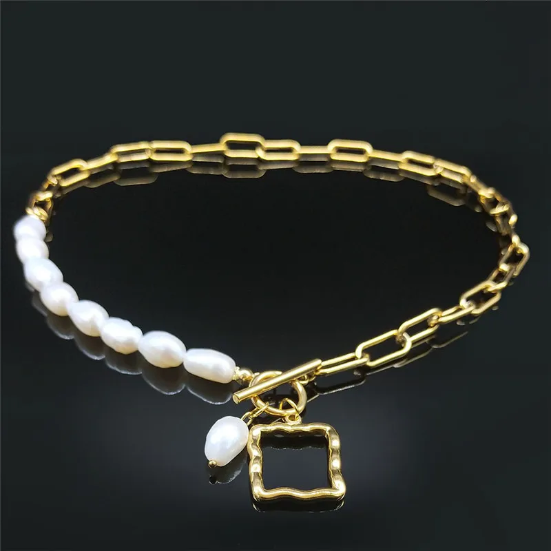 

Geometry Stainless Steel Freshwater Pearls Necklace Women Elegant French Romantic Style Clavicle Chain Jewelry cadenas mujer