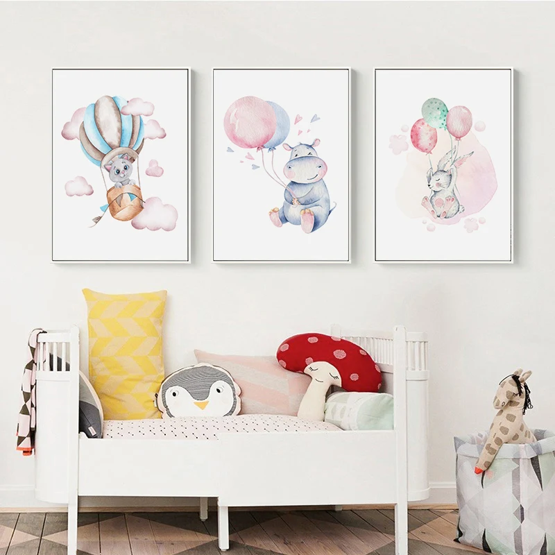 

Colorful Balloon Animal Cartoon Poster Print Nursery Wall Art Canvas Painting Baby Bedroom Decoration Elephant Bear Cub Picture