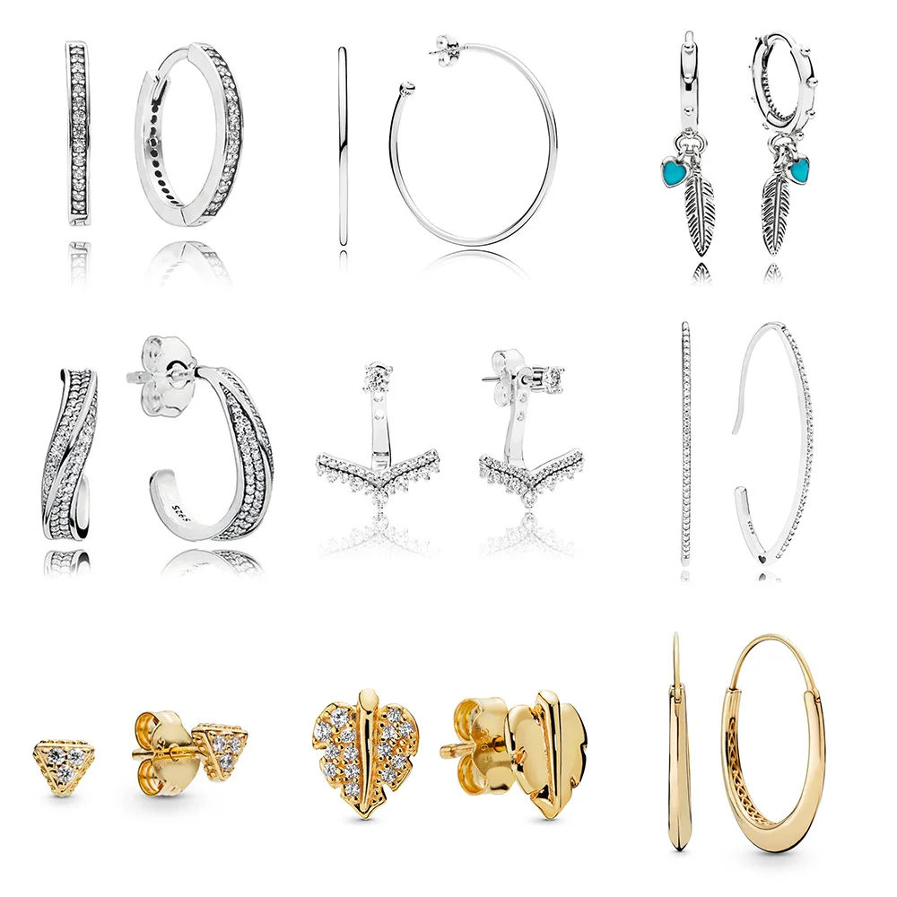 

925 Sterling Silver Earrings Diy Golden Leaf Feather Fashion Women Crystal Cz Earring For Women Party Jewelry Gift