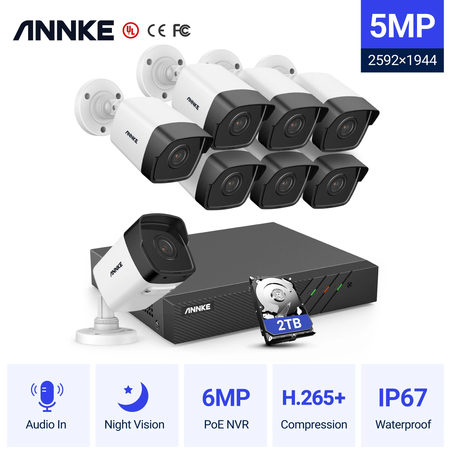 

ANNKE H500 5MP H.265+ 8CH HD PoE Network Video Security System 8pcs Waterproof Outdoor POE IP Cameras Plug & Play PoE Camera Kit