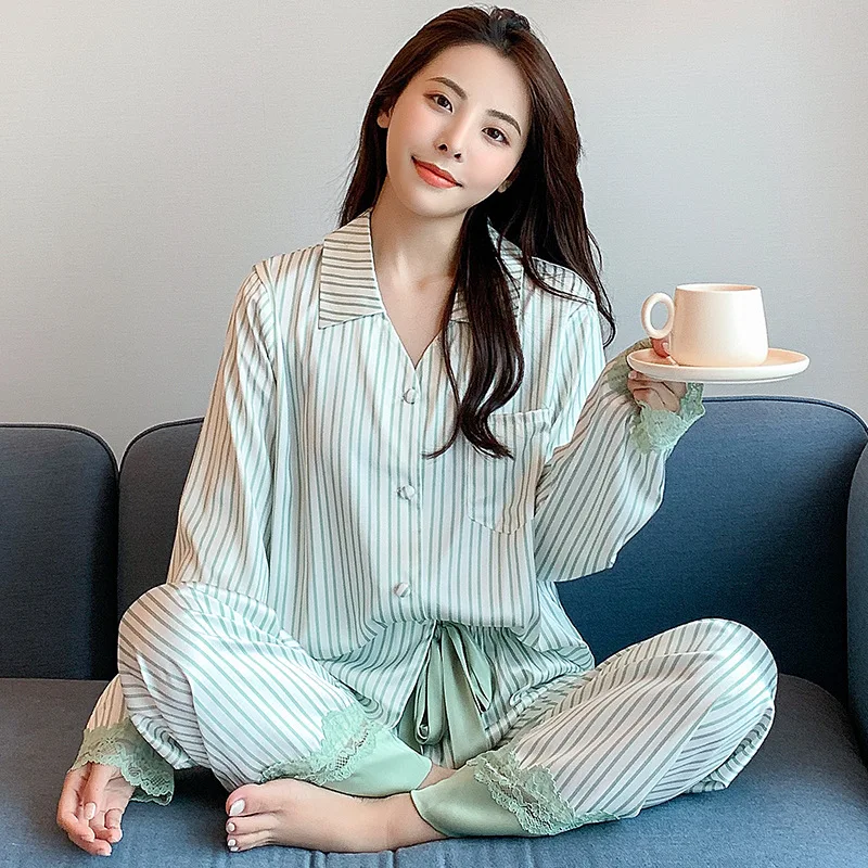 

FZSLCYIYI Spring Silk Satin Pajama Set Striped Printed Long Sleeve Pants Sleepwear Bride Bridesmaid Wedding Nightwear