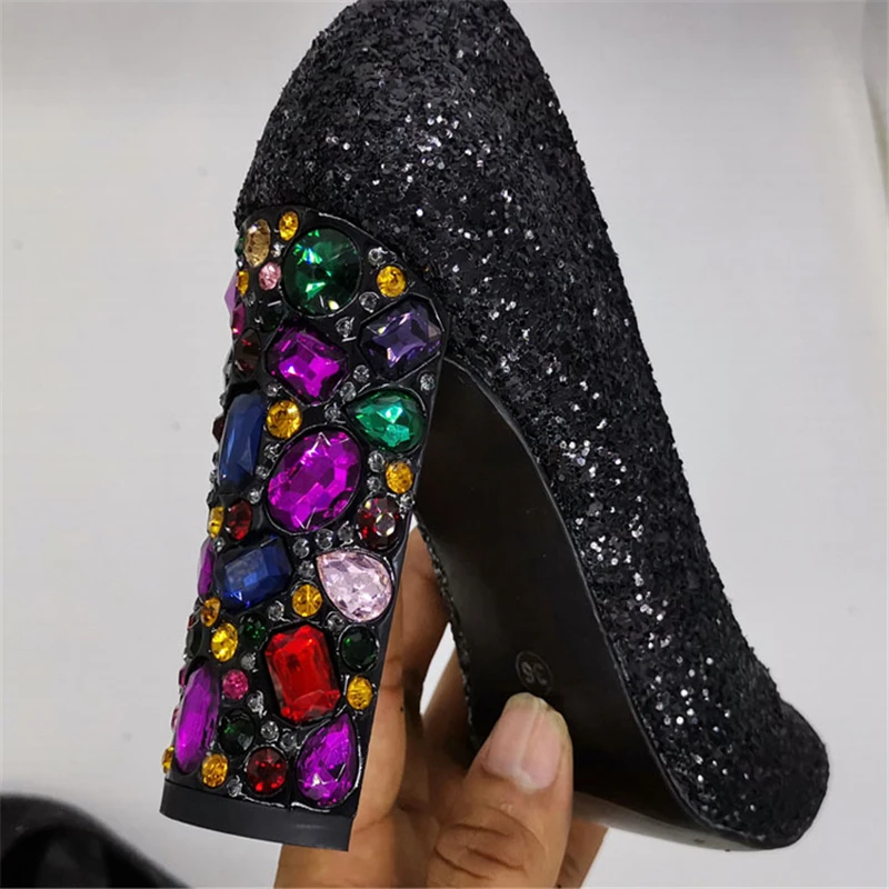 

Glitter Pumps Women Wedding Shoes Sexy High Heels Rhinestone Block Heel Crystal Fashion Bride Shoes Silver Ladies Spring Shoes