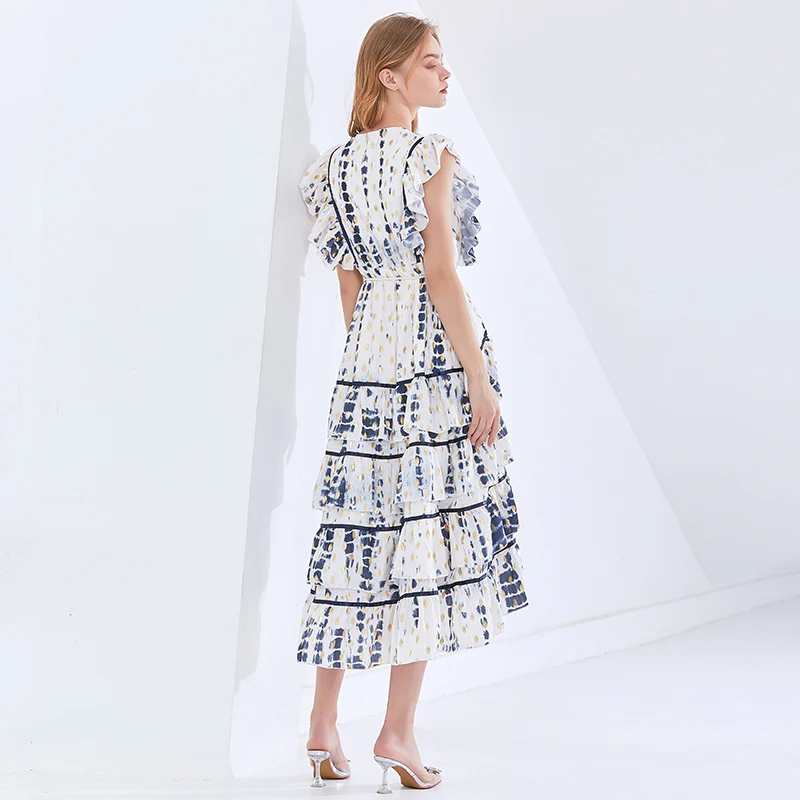 

TWOTWINSTYLE Vintage Print Hit Color Dress For Women V Neck Sleeveless High Waist Patchwork Ruffle Dresses Female Fashion New