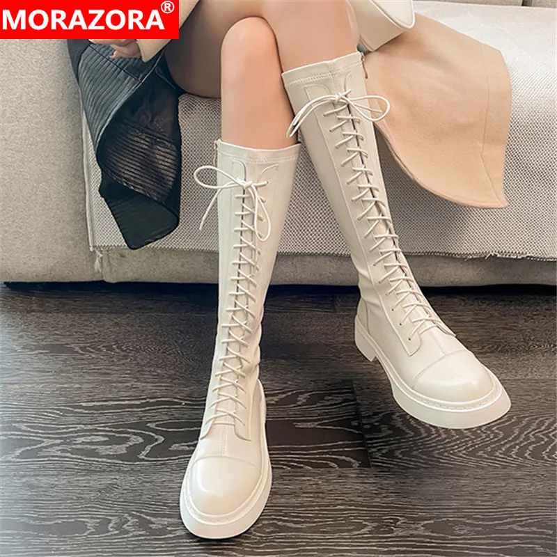 

MORAZORA 2022 New Arrive Knee High Boots Women Flat Shoes Cross Tied Zip Winter Genuine Leather +Pu Stretch Riding Boots Women