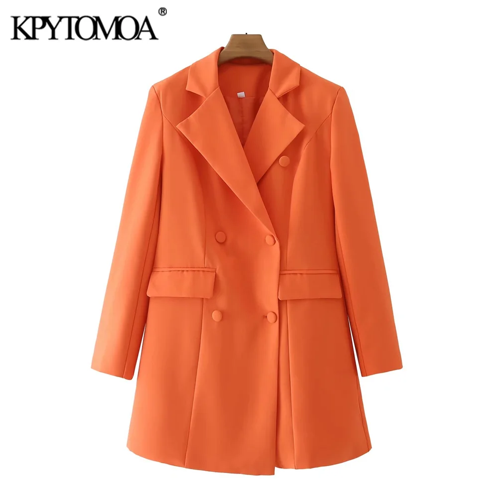 

KPYTOMOA Women Fashion Double Breasted Long Blazer Coat Vintage Long Sleeve Flap Pockets Female Outerwear Chic Veste Femme