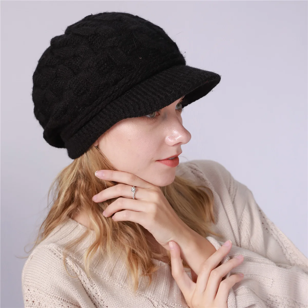 Women Winter Twist Knitted Hat Soft Velvet Thick Warm Beret Flat Brim Visor Ski Cap Elegant Ladies Solid Color Caps | Аксессуары для