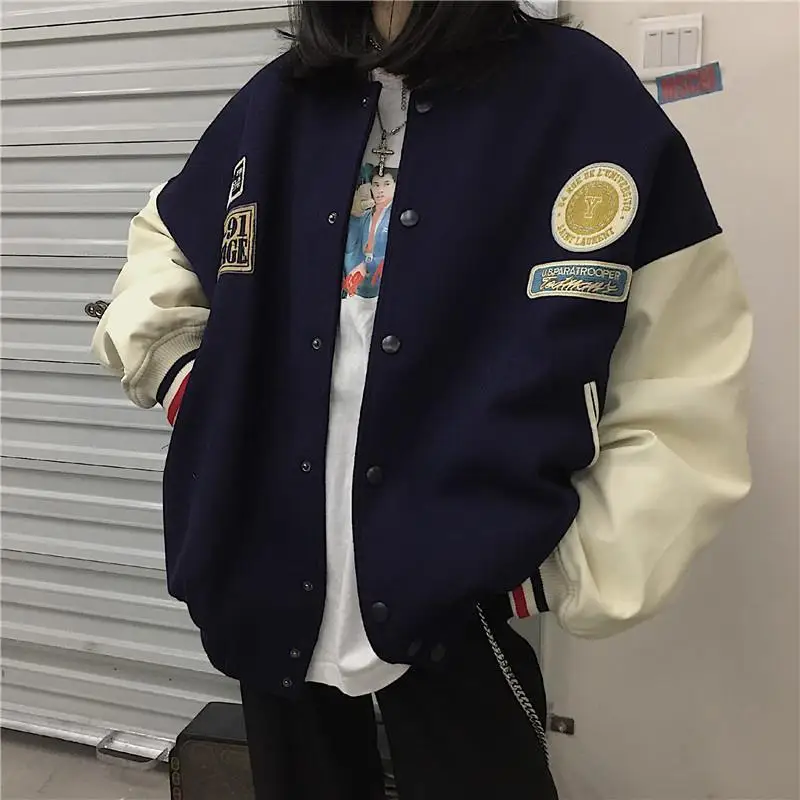 

Coat women Baseball uniform tide spring and autumn students Korean style loose casual jacket women's retro clothes O-Neck green