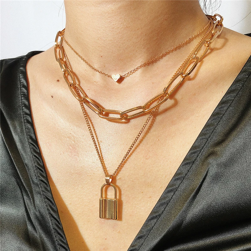 European and American Exaggerated Thick Chain Hip-Hop Retro Multi-layer Geometric Lock-Shaped Love Necklace Sexy Ladys 2021 | Украшения и